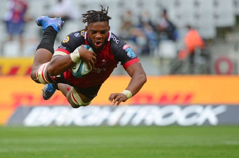 Vincent Tshituka of the Lions scores rugby. Photo: Ryan Wilkisky/BackpagePix Lions vs Sharks