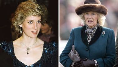 Diana, Princess of Wales, wearing a sea green sequined dress designed by Catherine Walker, attends a gala performance of 'Love For Love' at the Vienna Burgh Theatre on April 14, 1986 in Vienna, Austria. Image: Anwar Hussein/WireImage. Camilla, Duchess of Cornwall wears a brooch previously worn by Princess Diana as she attends day 2 'Ladies Day' of the Cheltenham Horse Racing Festival on 14 March 2012 in Cheltenham, England. Image: Indigo/Getty Images.
